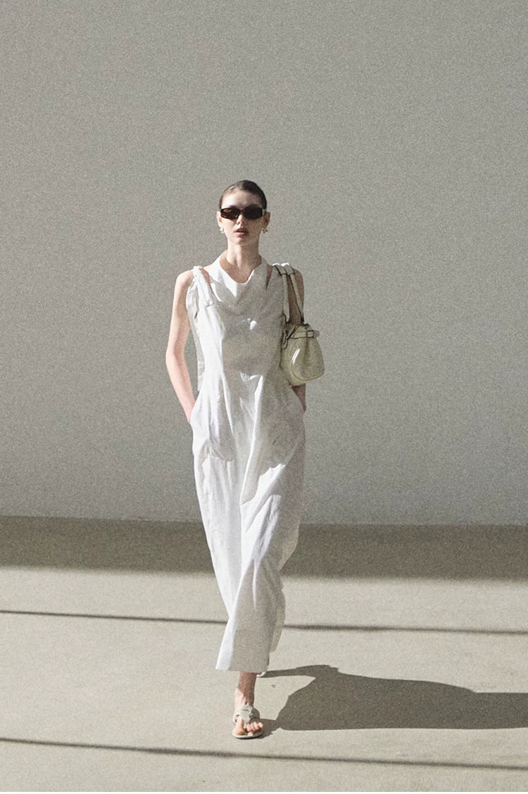 Halterneck Cotton Cinched-Waist Maxi Dress