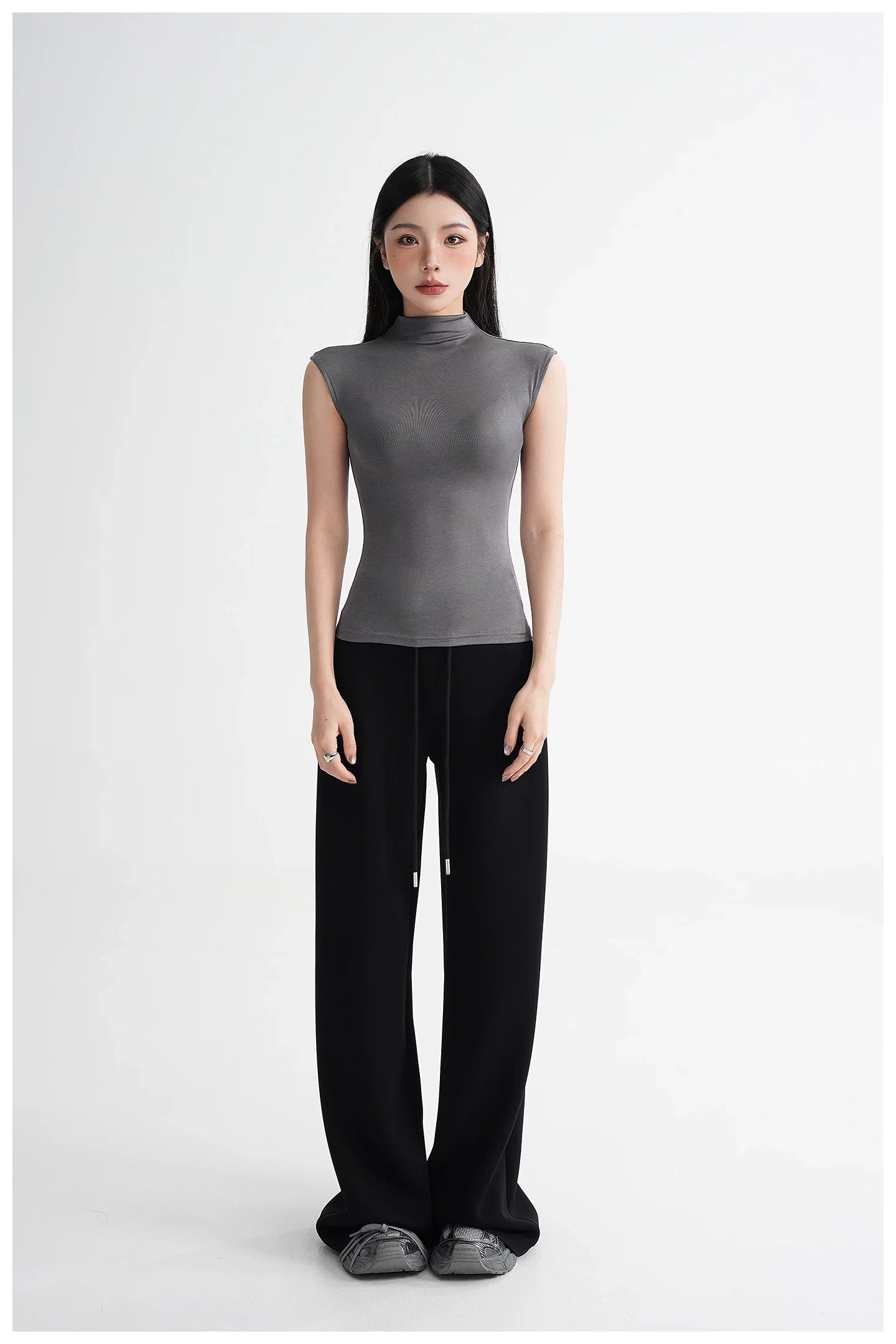 Silk Lyocell High-Neck Sleeveless Fitted T-Shirt