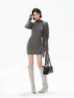 Minimalist Draped Turtleneck Knit Mini Dress with Tassel Ties