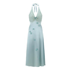 French Resort Halter Blue Floral Satin Dress