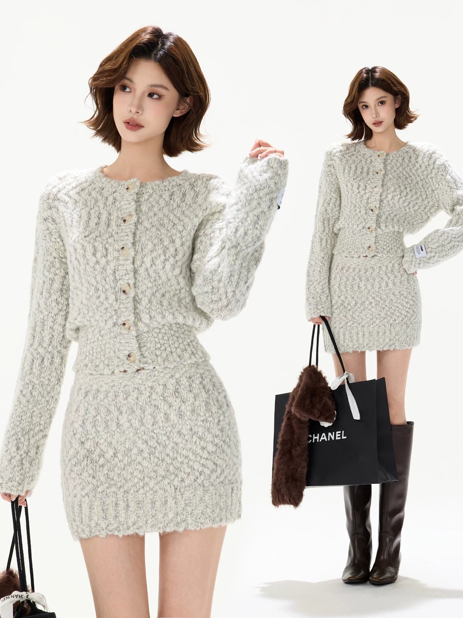 Knit Cardigan & Mini Skirt Tweed-Style Set
