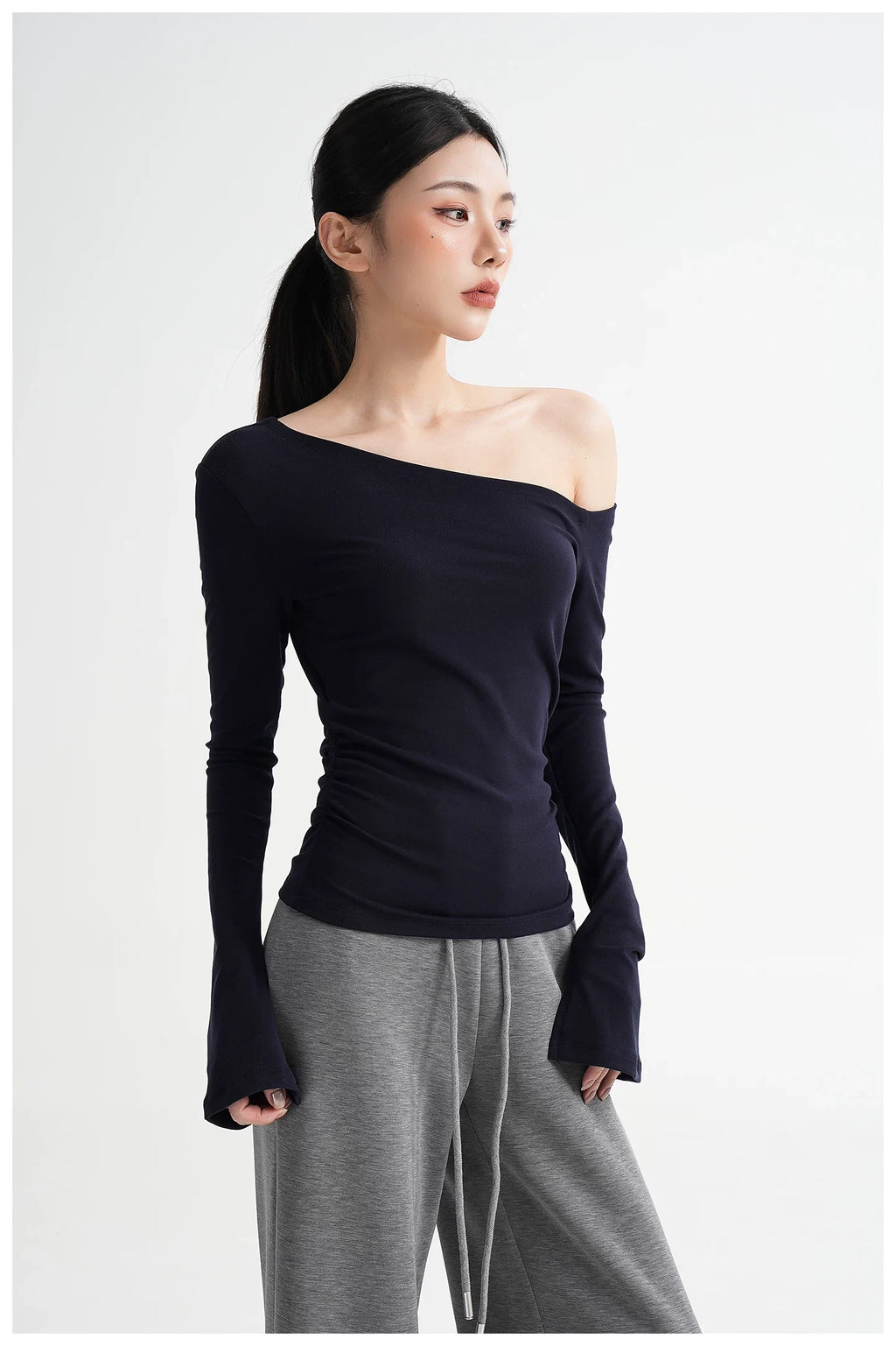One-Shoulder Lyocell Flared Sleeve Fitted T-Shirt