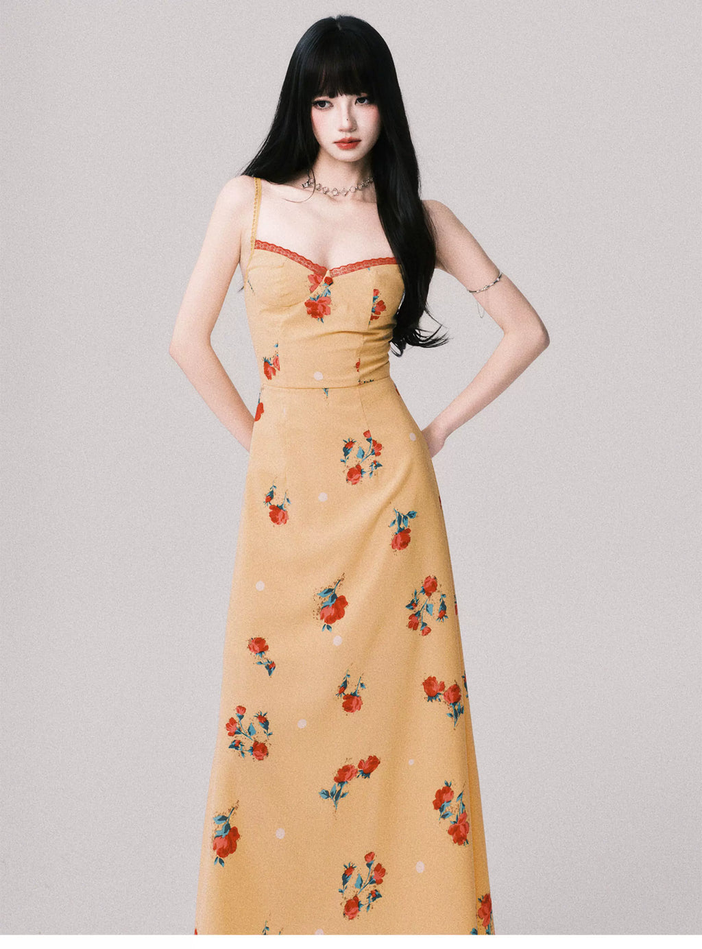 French V-Neck Floral Slip Maxi Dress
