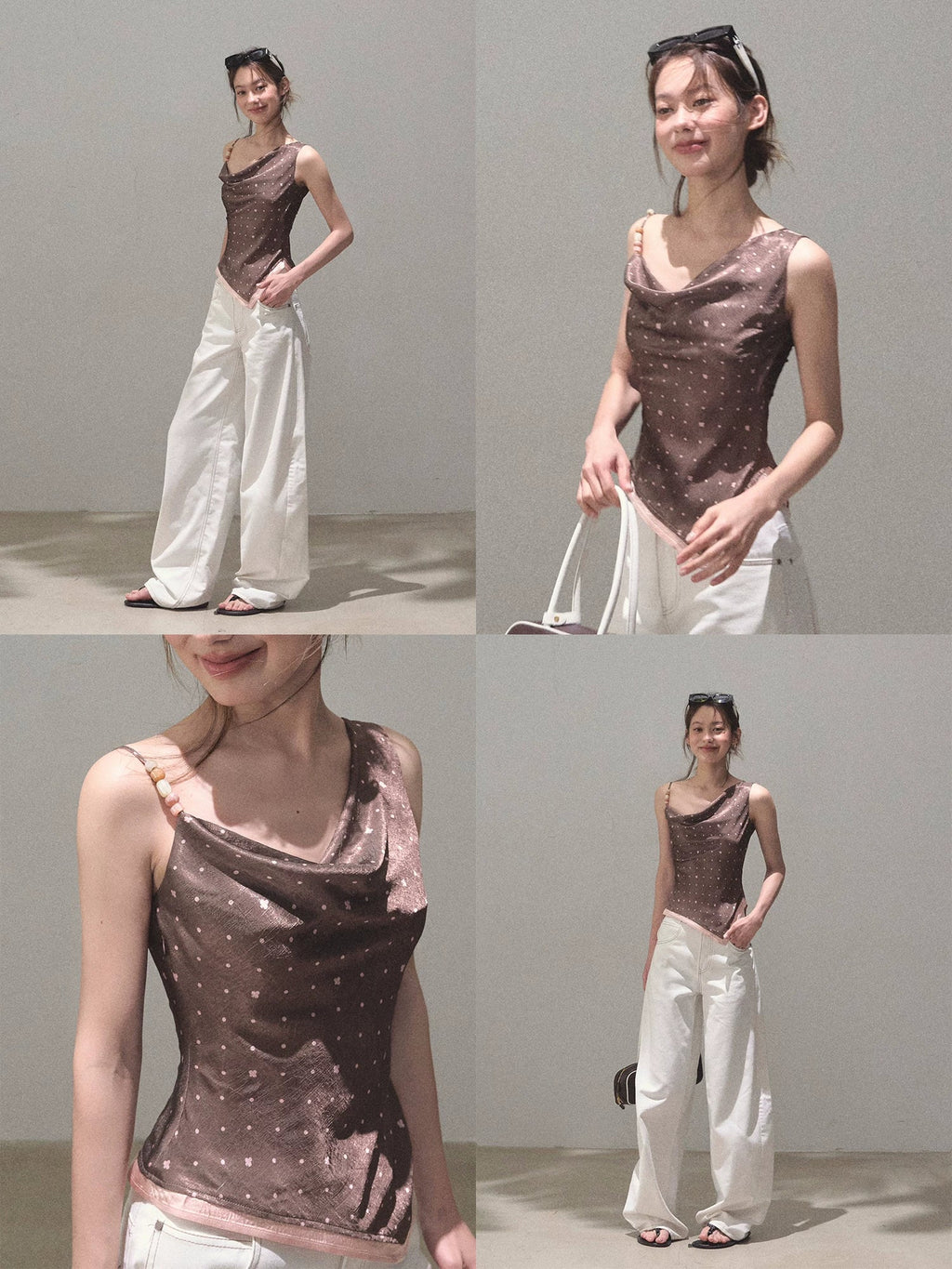 Asymmetrical Polka Dot Waist-Cinched Camisole