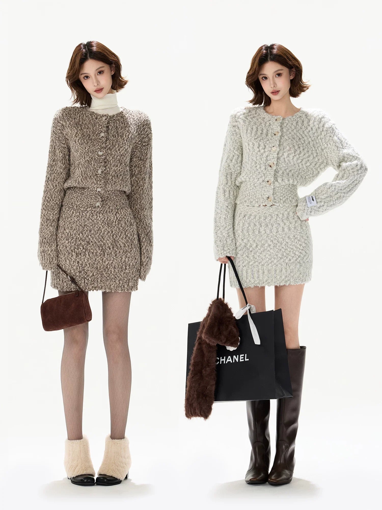 Knit Cardigan & Mini Skirt Tweed-Style Set