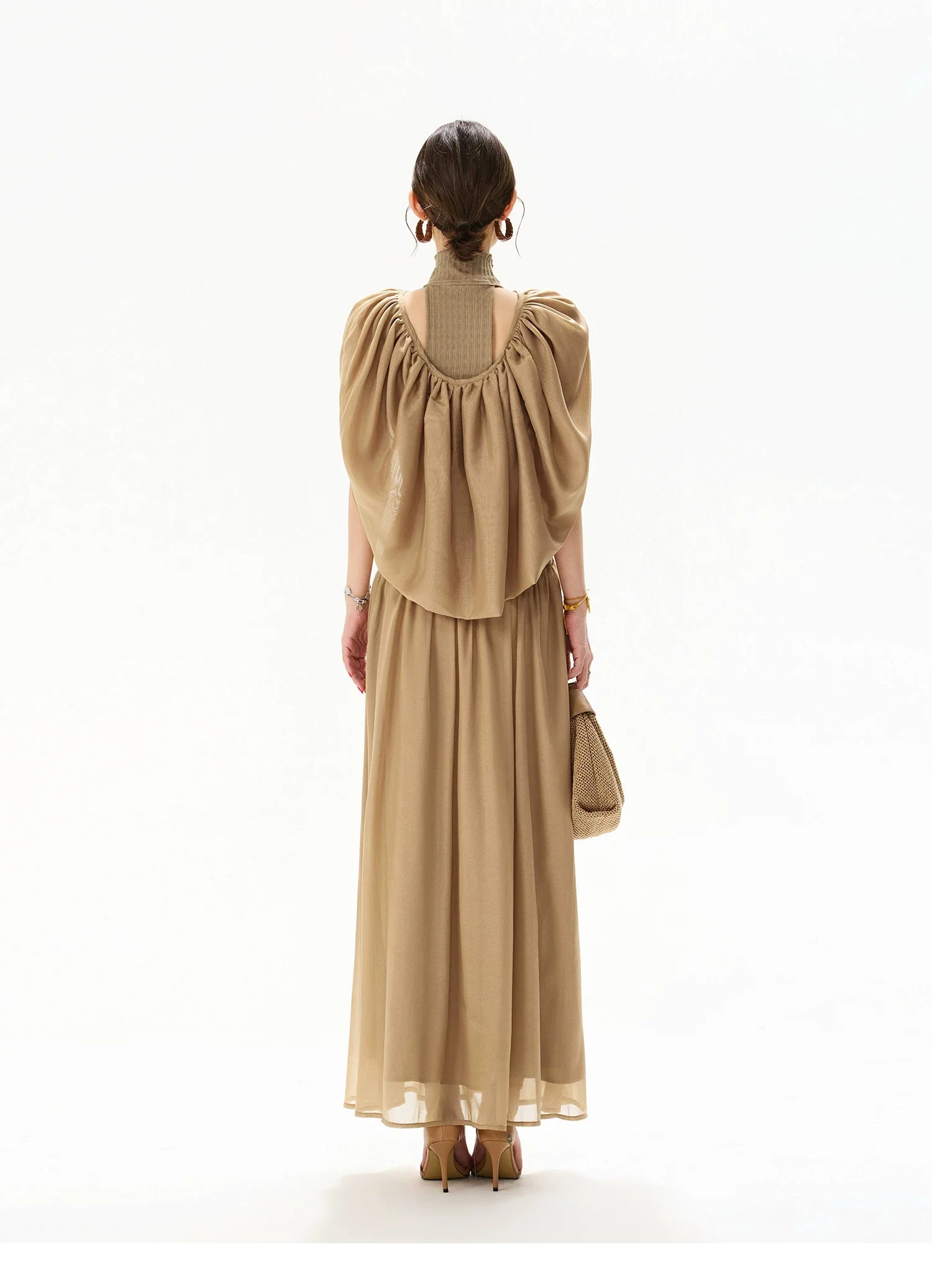 French Court Halter Draped Knit Maxi Dress