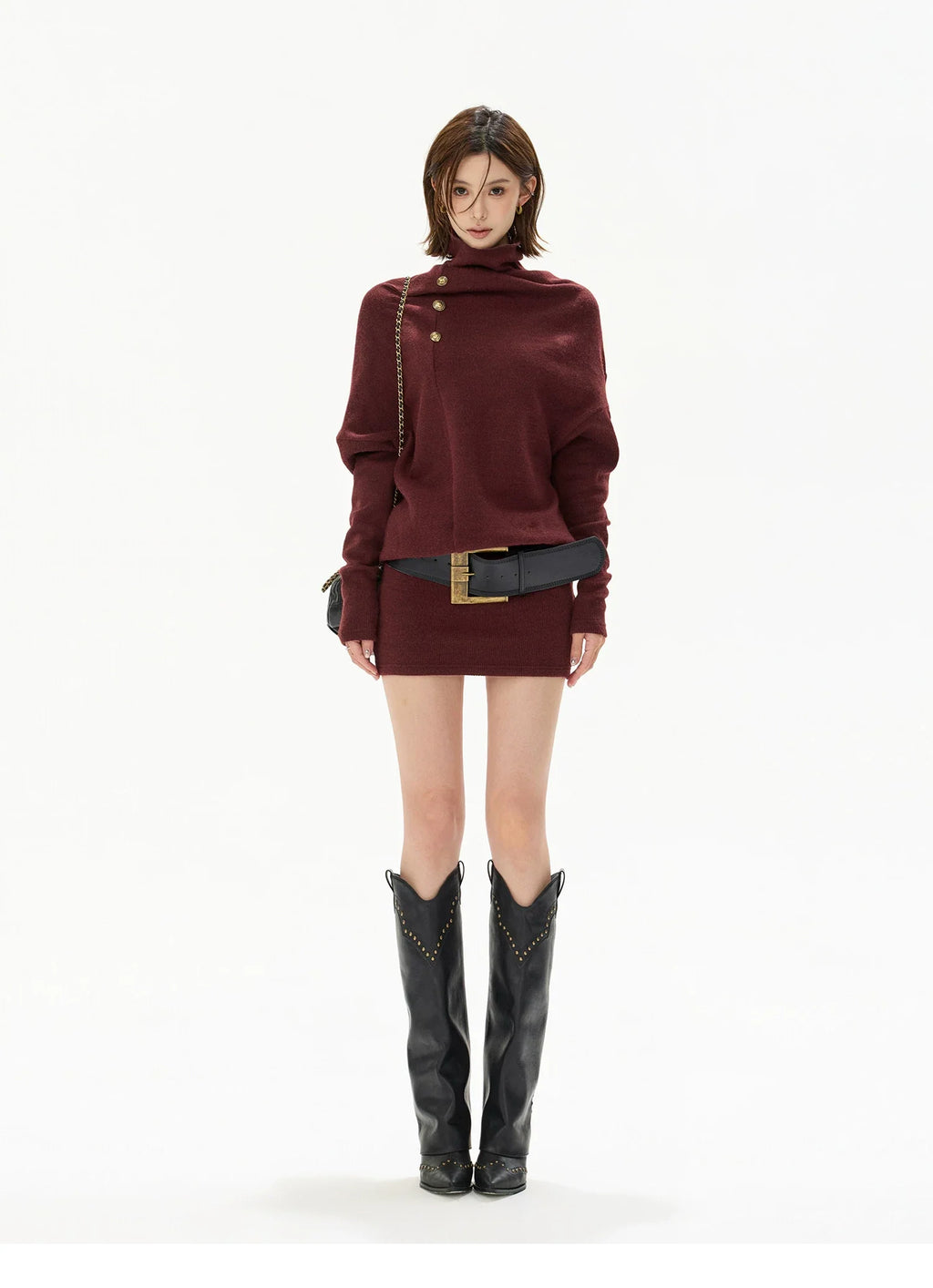 Cowl-Neck Batwing Sleeve Knit Mini Dress