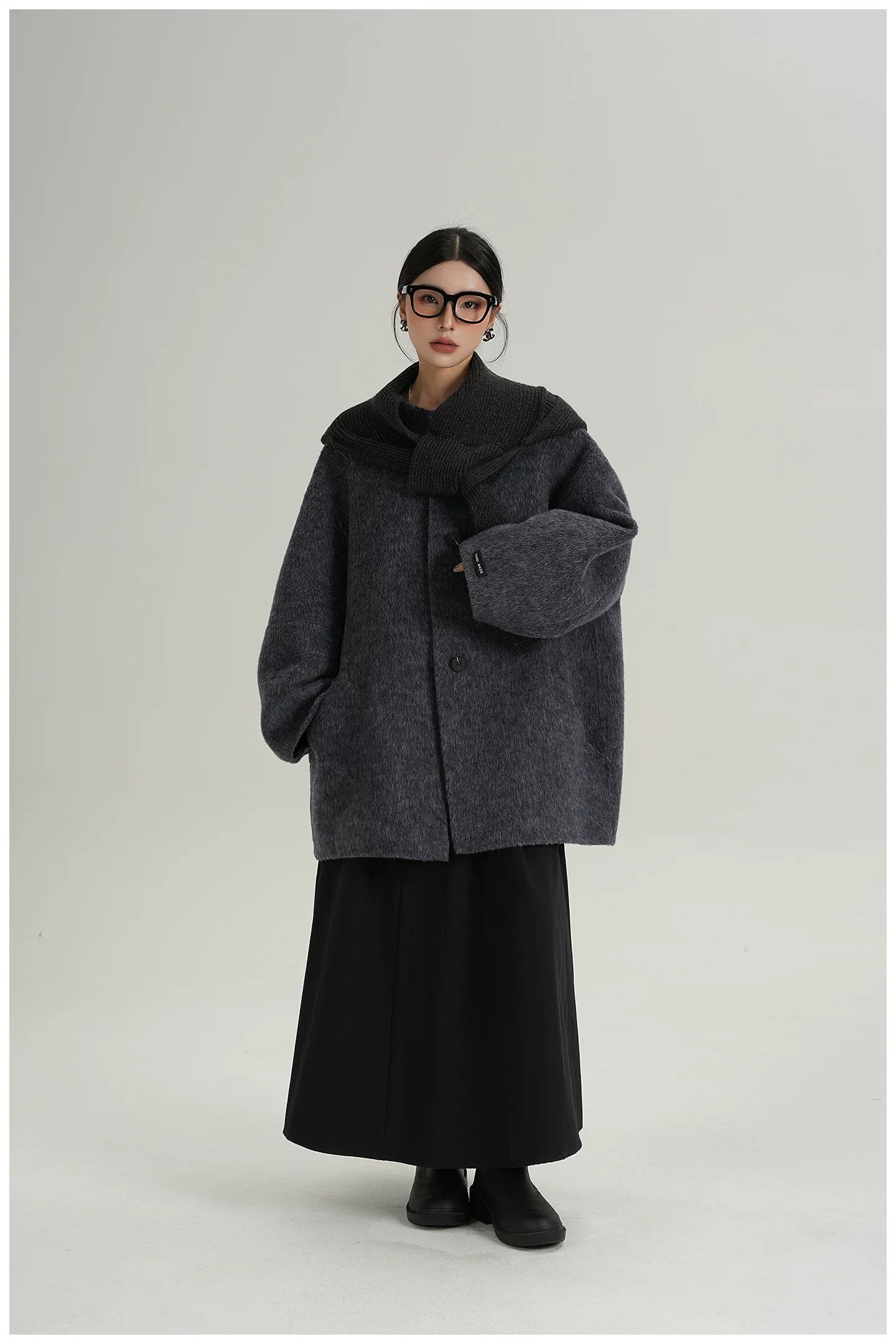 Knitted Hooded Scarf Mid-Length Wool Coat