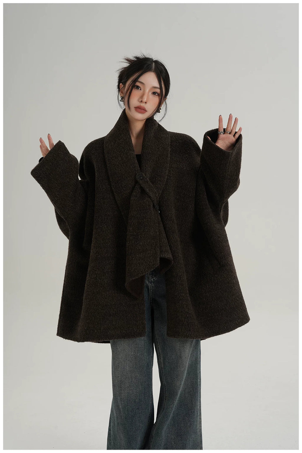 Scarf-Detail Mid-Length Wool Jacket