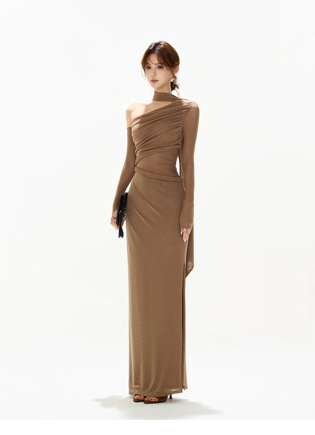 One-Shoulder Mesh Cut-Out Maxi Dress