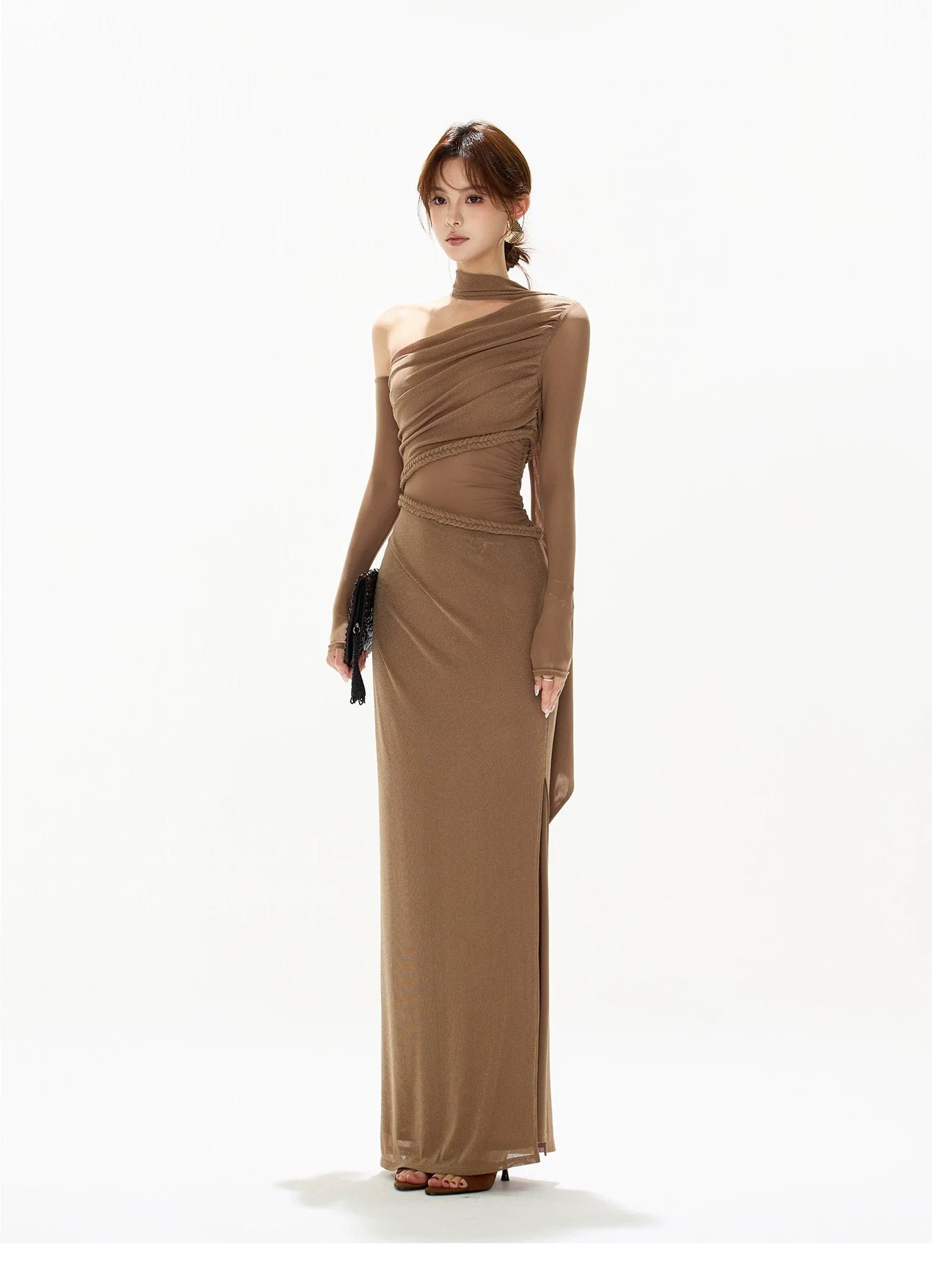 One-Shoulder Mesh Cut-Out Maxi Dress