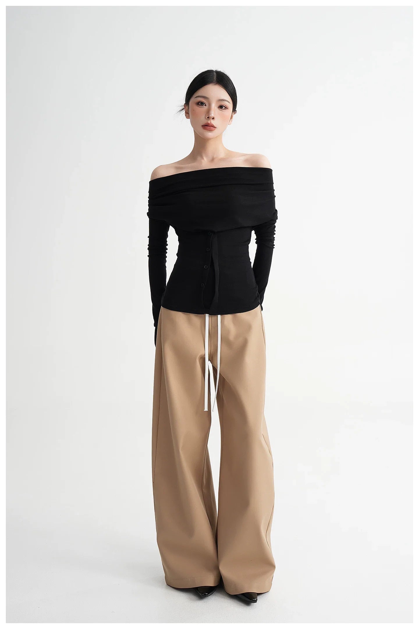 Neck Off-Shoulder Fitted Long Sleeve T-Shirt
