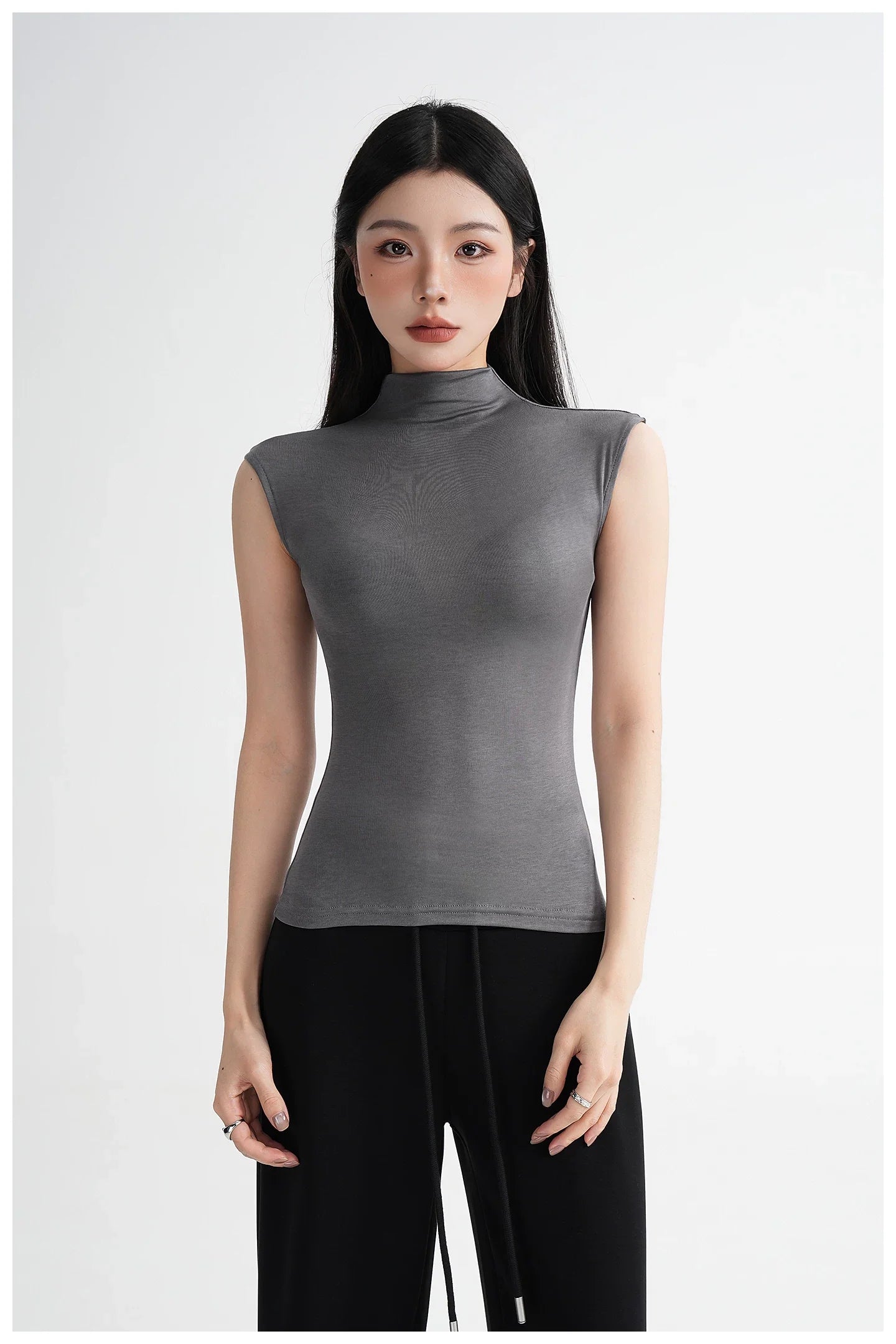 Silk Lyocell High-Neck Sleeveless Fitted T-Shirt