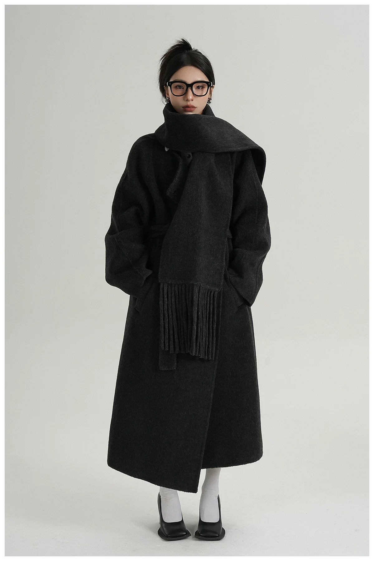 Fringe-Detail Wool Scarf-Style Long Coat