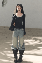 Washed Straight-Leg Wide Denim Pants