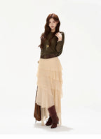 Faux-Belt Tiered Chiffon Maxi Skirt