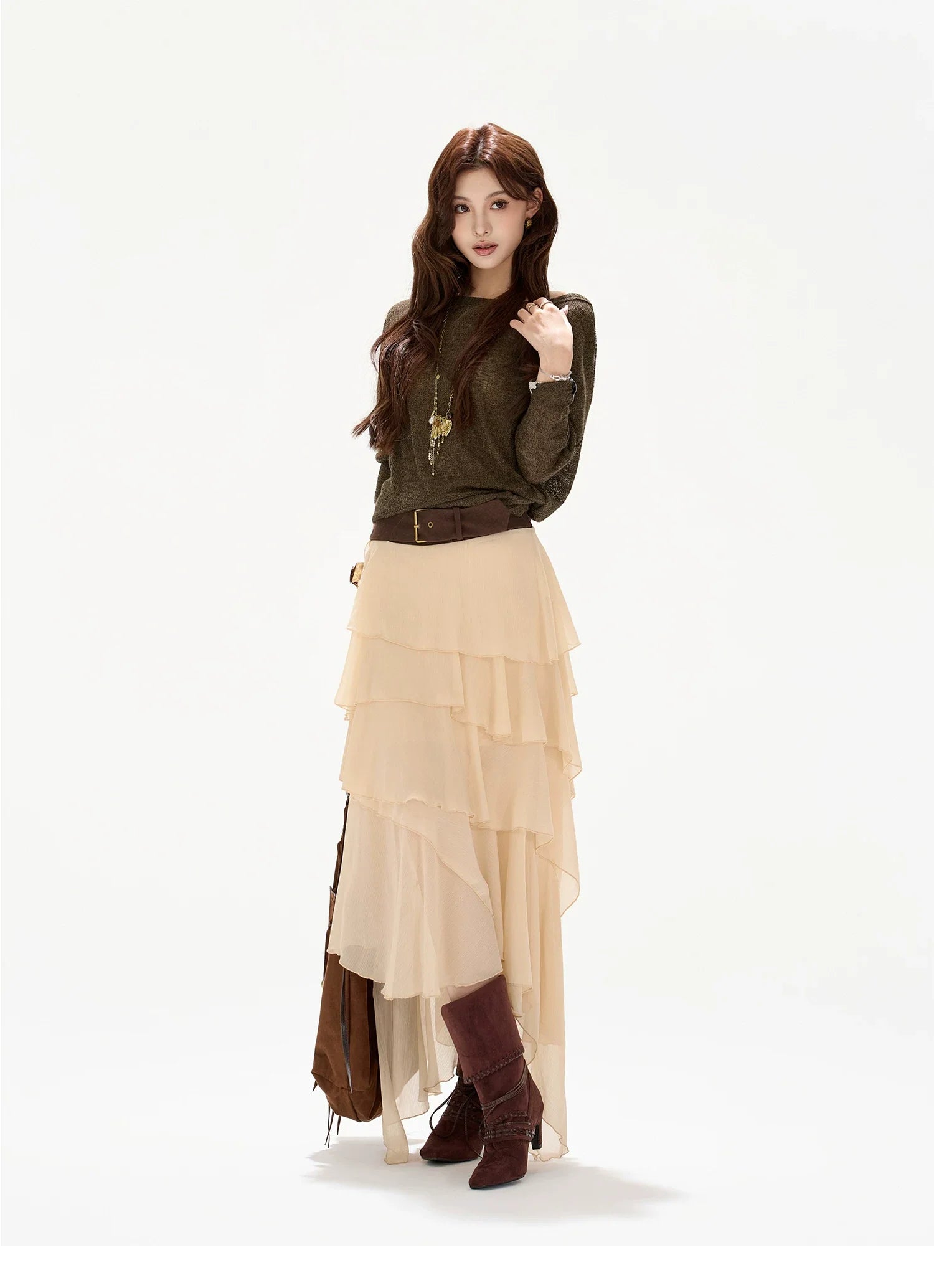 Faux-Belt Tiered Chiffon Maxi Skirt