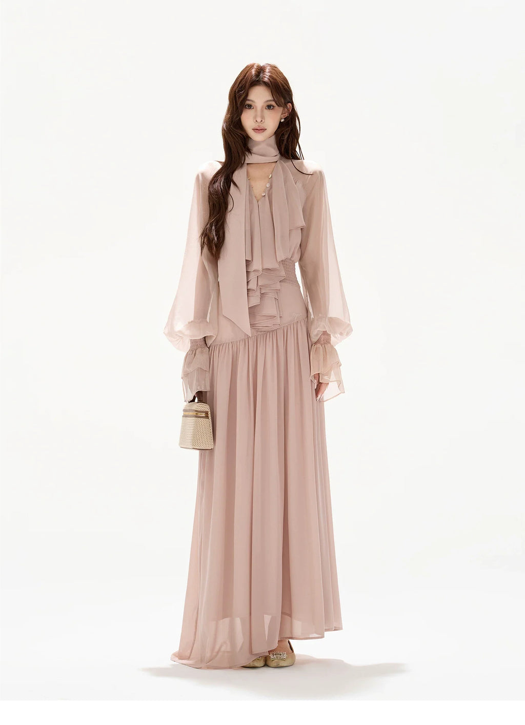 V-Neck Lantern Sleeve Maxi Dress