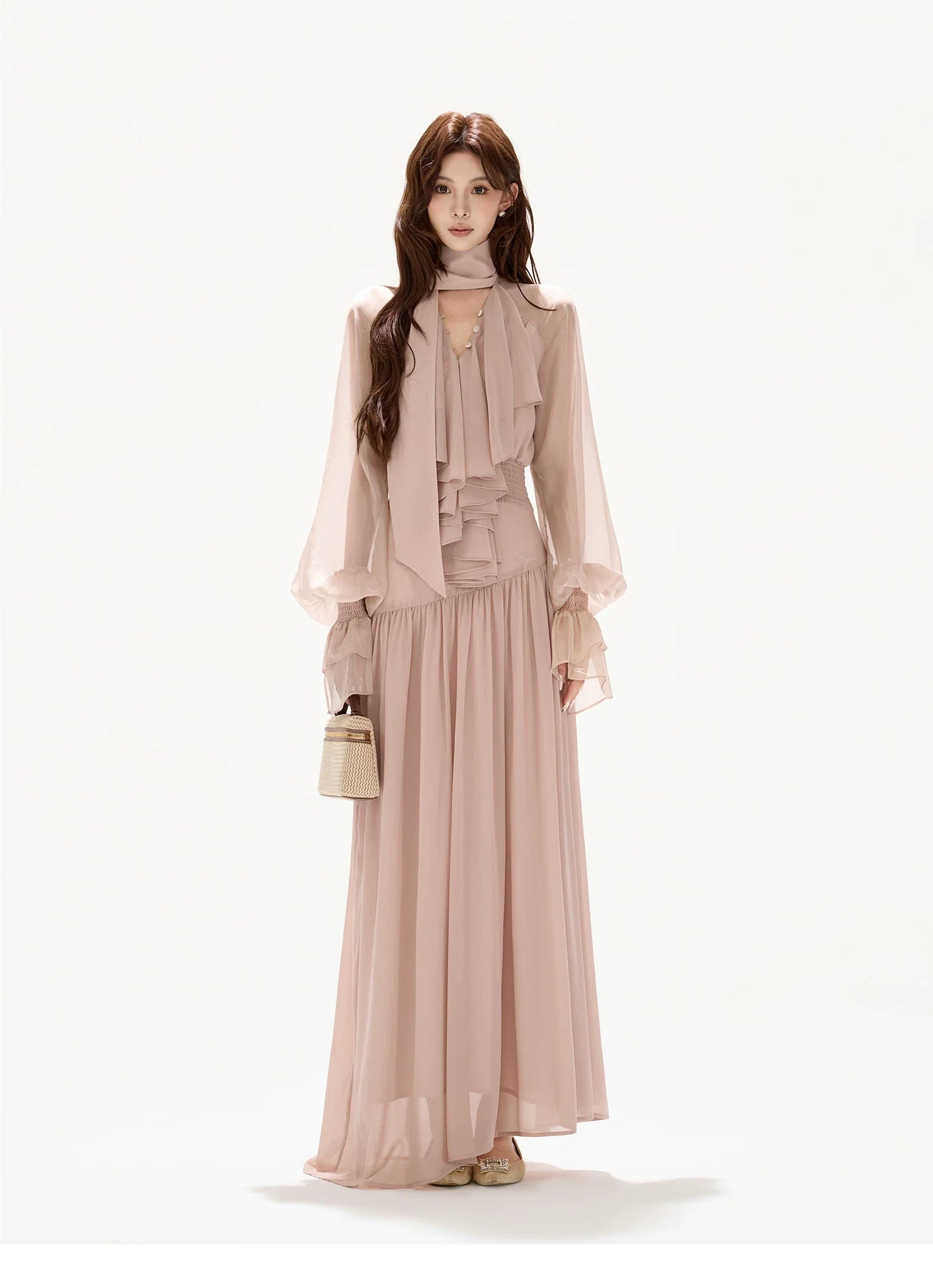 V-Neck Lantern Sleeve Maxi Dress
