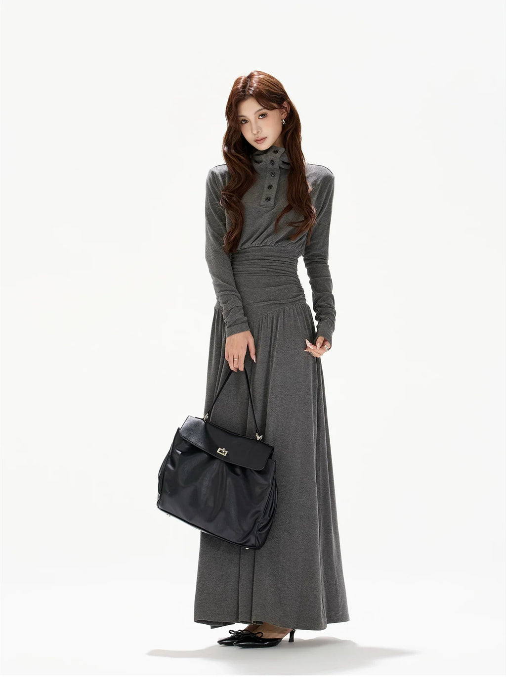 Pleated Waist-Defining A-Line Maxi Dress