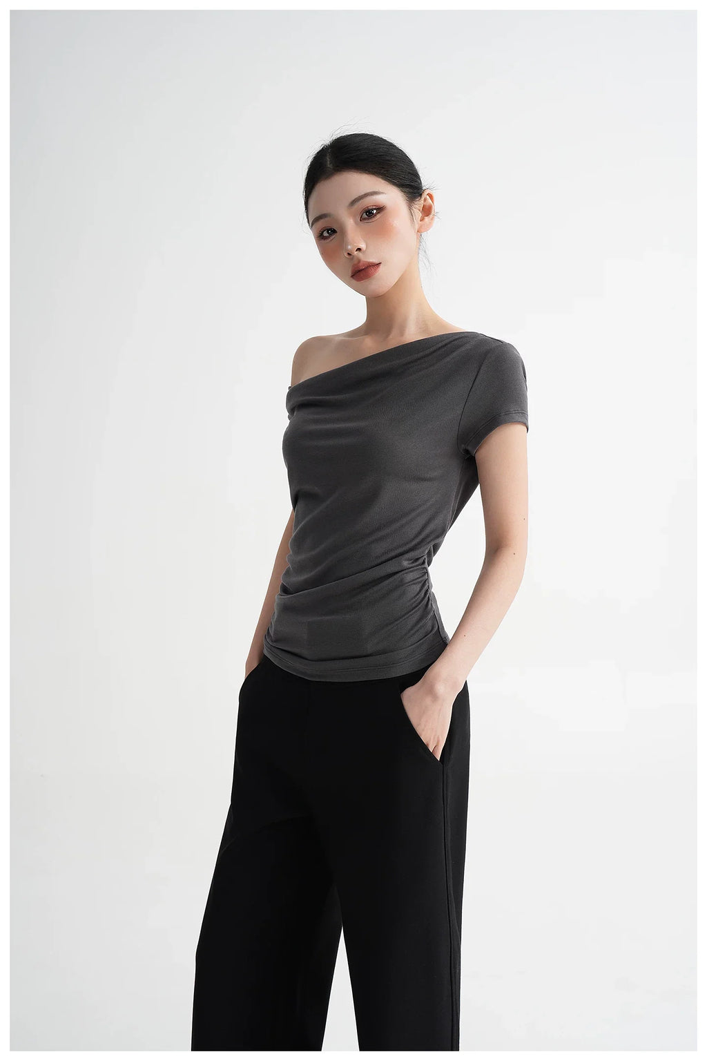 Draped Off-Shoulder Fitted Short Sleeve T-Shirt