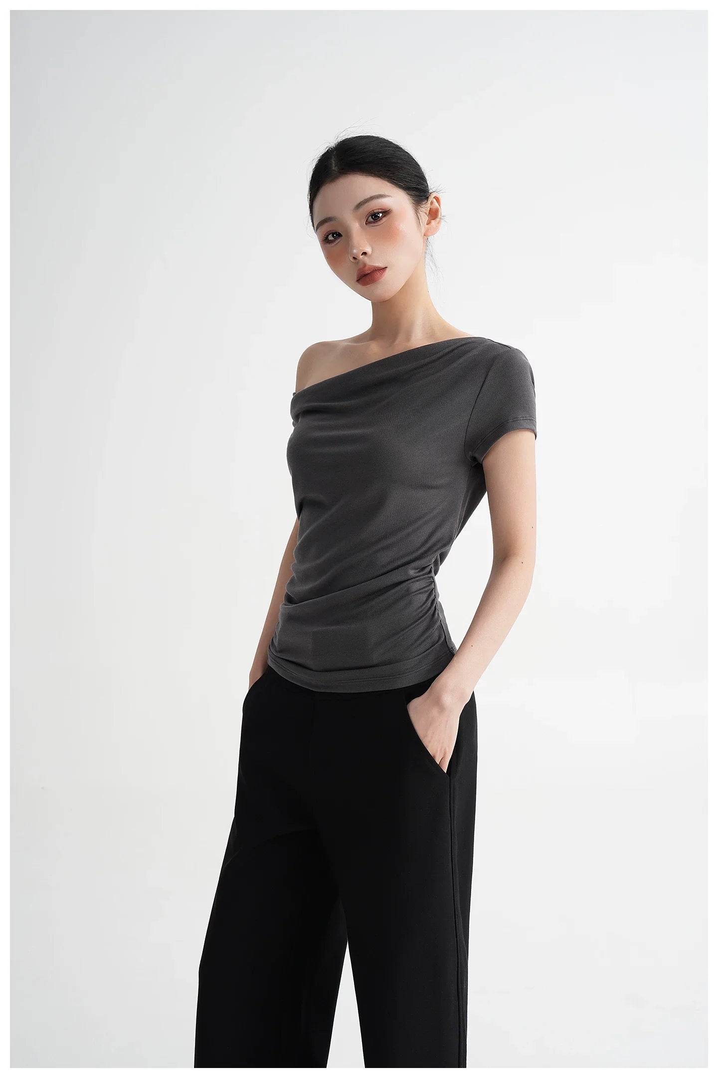 Draped Off-Shoulder Fitted Short Sleeve T-Shirt