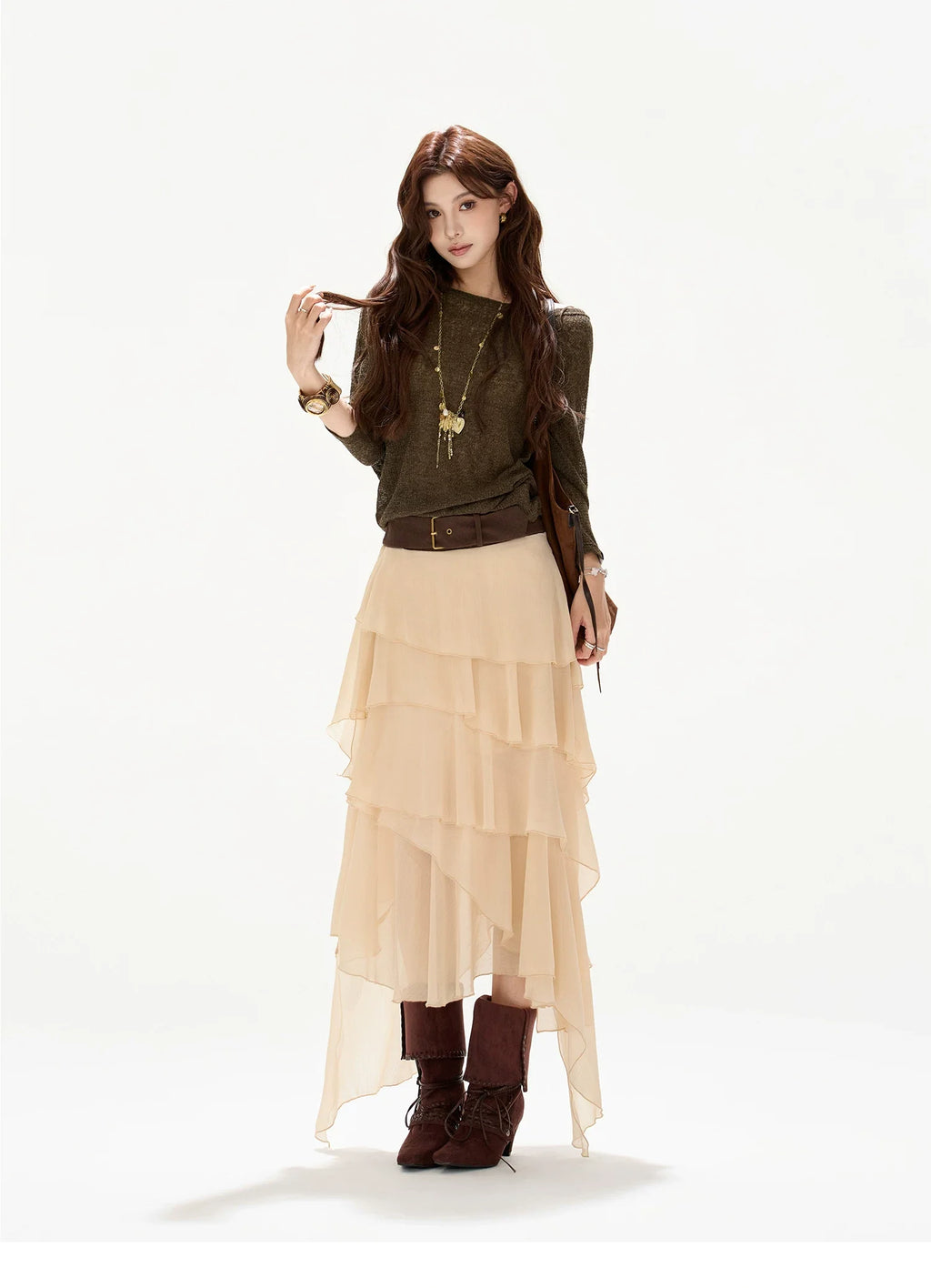 Faux-Belt Tiered Chiffon Maxi Skirt