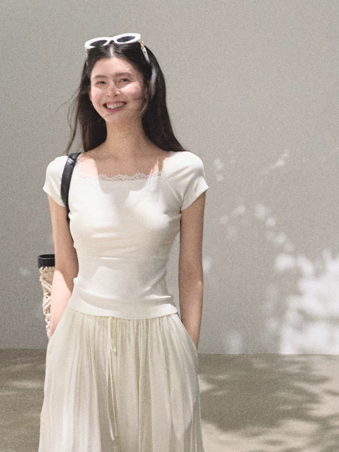 Bohemian Lace-Trim Off-Shoulder Fitted T-Shirt