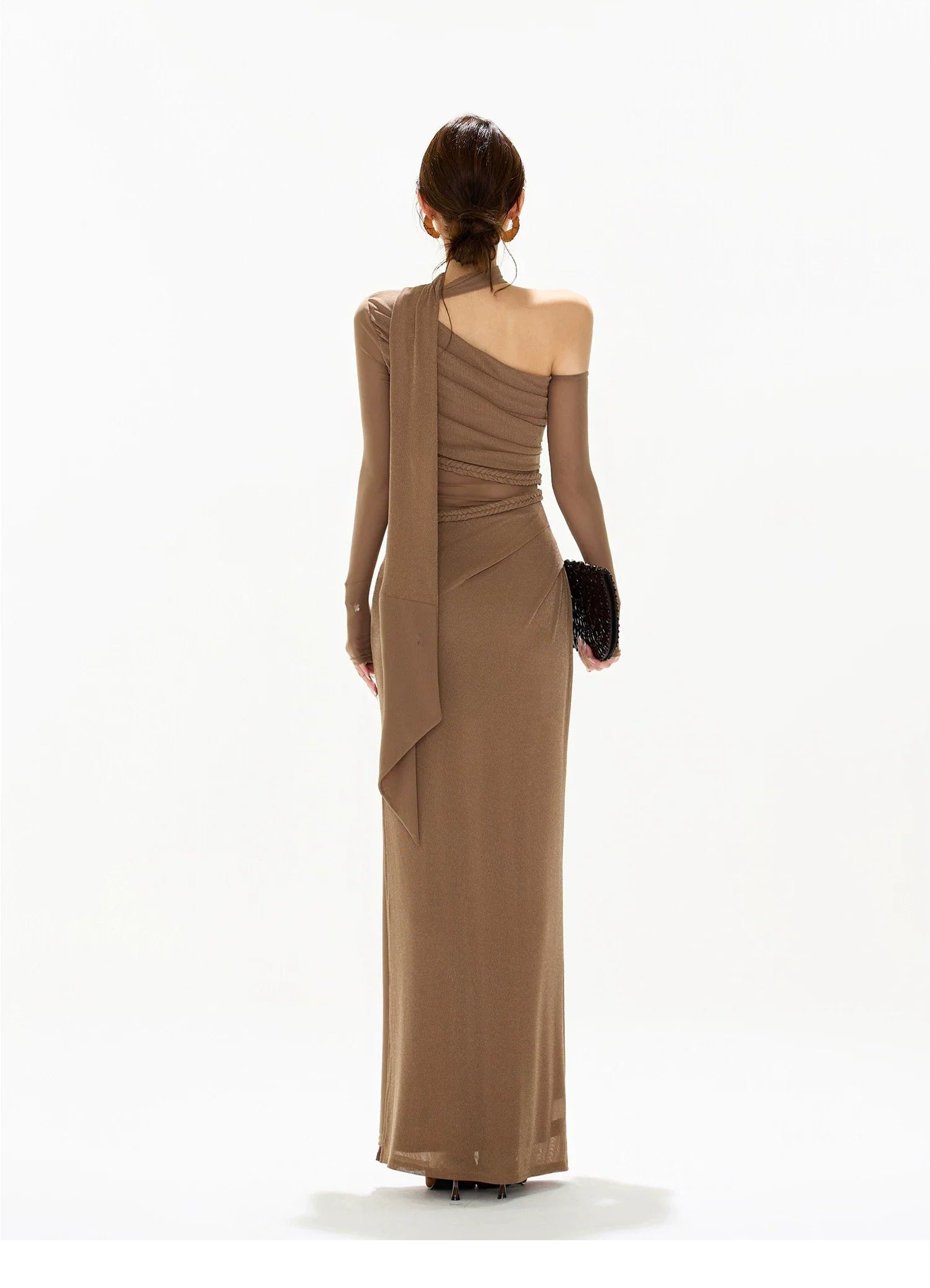 One-Shoulder Mesh Cut-Out Maxi Dress