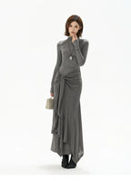 Half-High Neck Tie-Detail Knit Maxi Dress