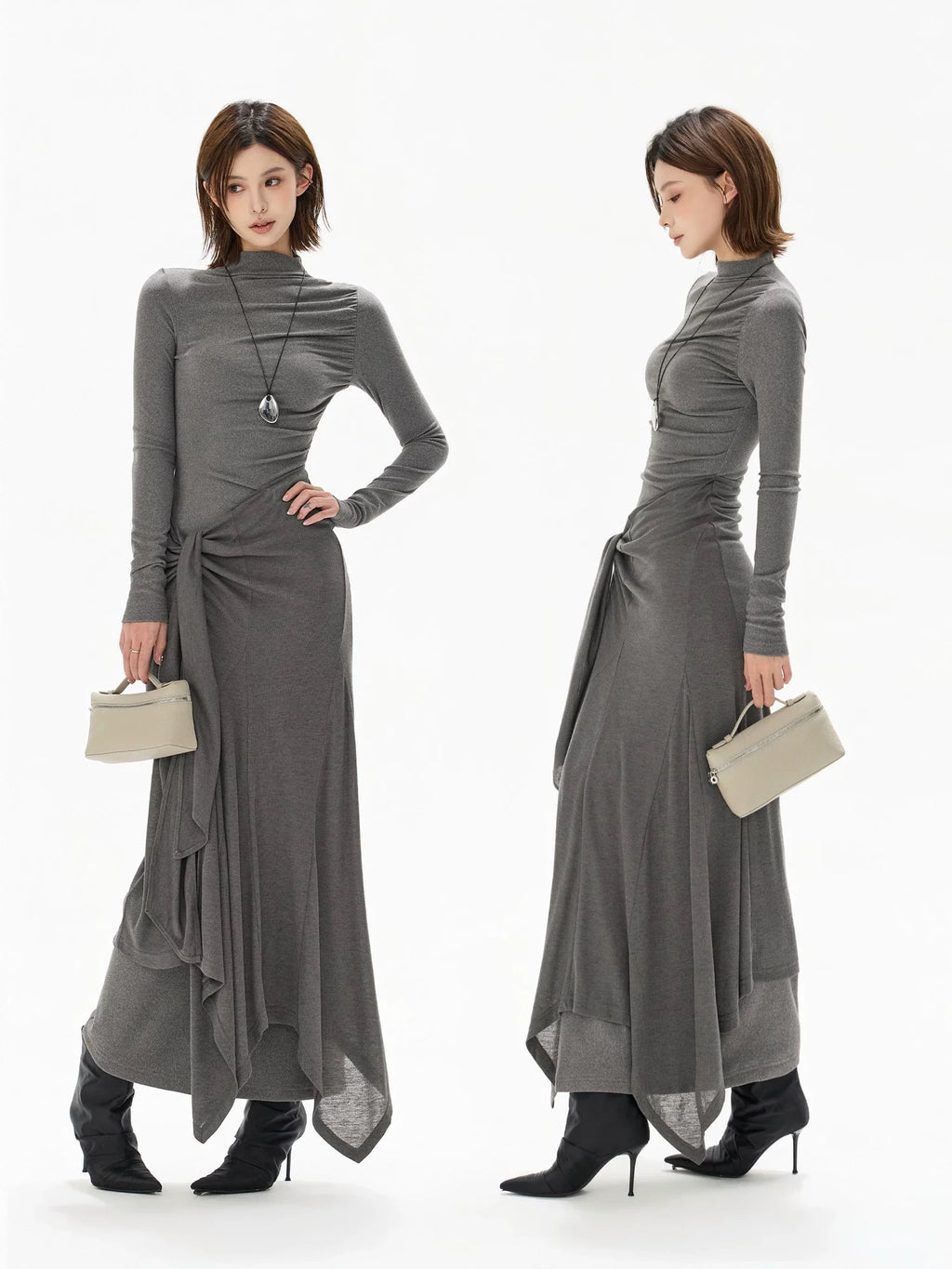 Half-High Neck Tie-Detail Knit Maxi Dress
