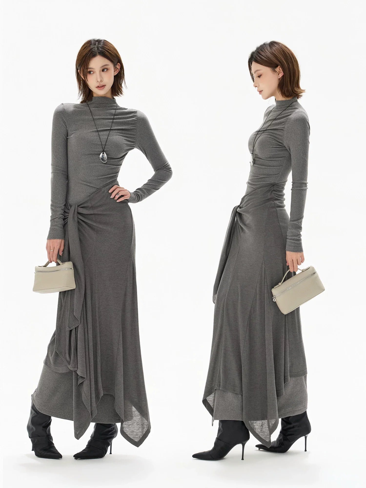 Half-High Neck Tie-Detail Knit Maxi Dress