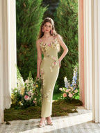 French Couture Floral Knit Split Slip Dress