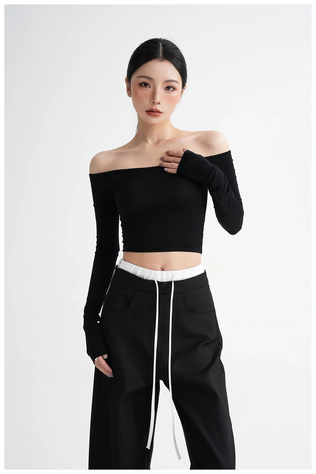 Off-Shoulder Cropped Fitted Long Sleeve T-Shirt