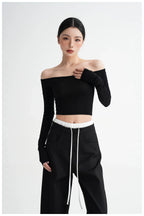 Off-Shoulder Cropped Fitted Long Sleeve T-Shirt