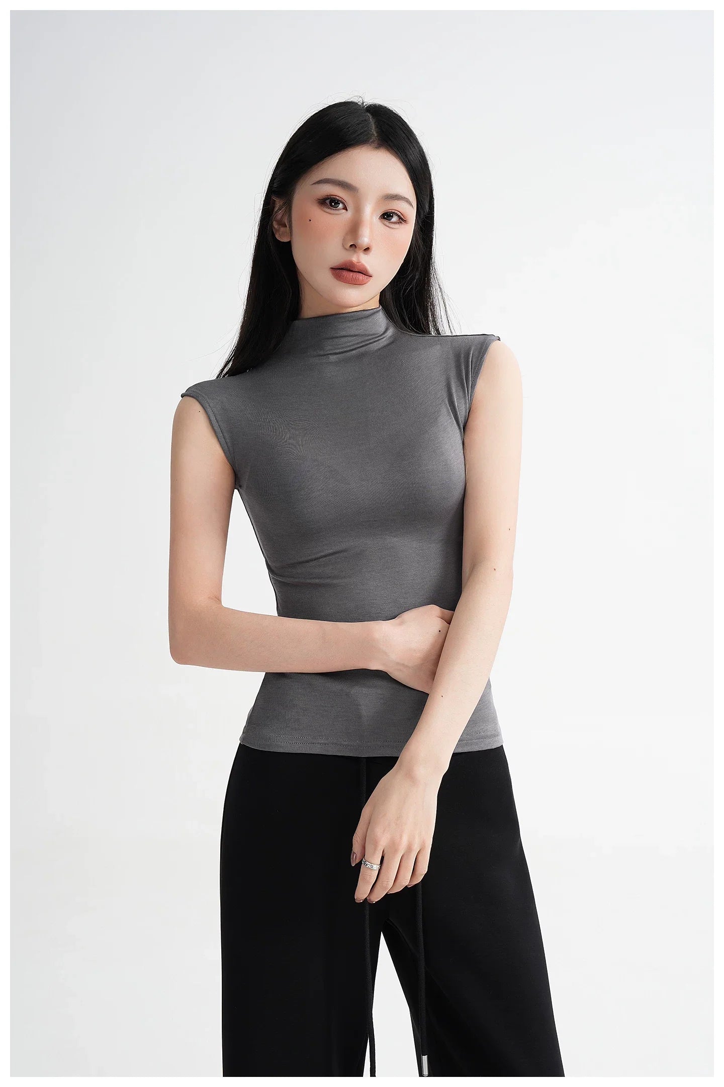 Silk Lyocell High-Neck Sleeveless Fitted T-Shirt