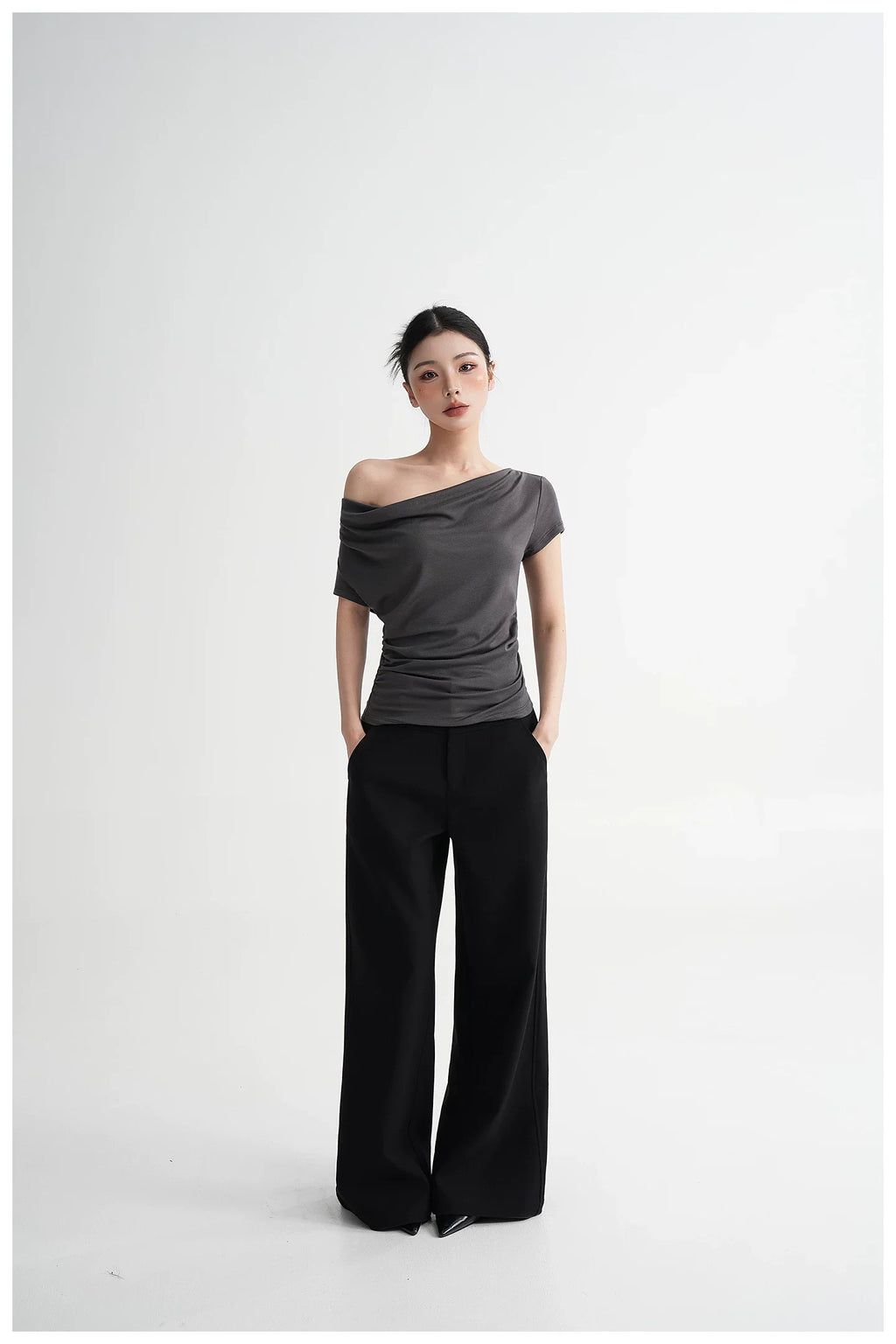 Draped Off-Shoulder Fitted Short Sleeve T-Shirt