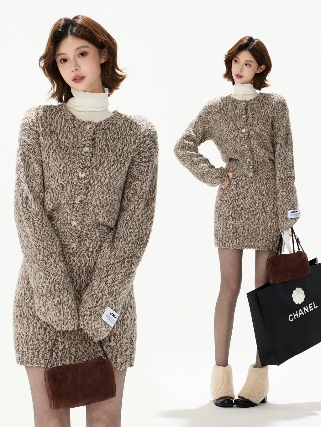Wool Knit Cardigan & Mini Skirt Set