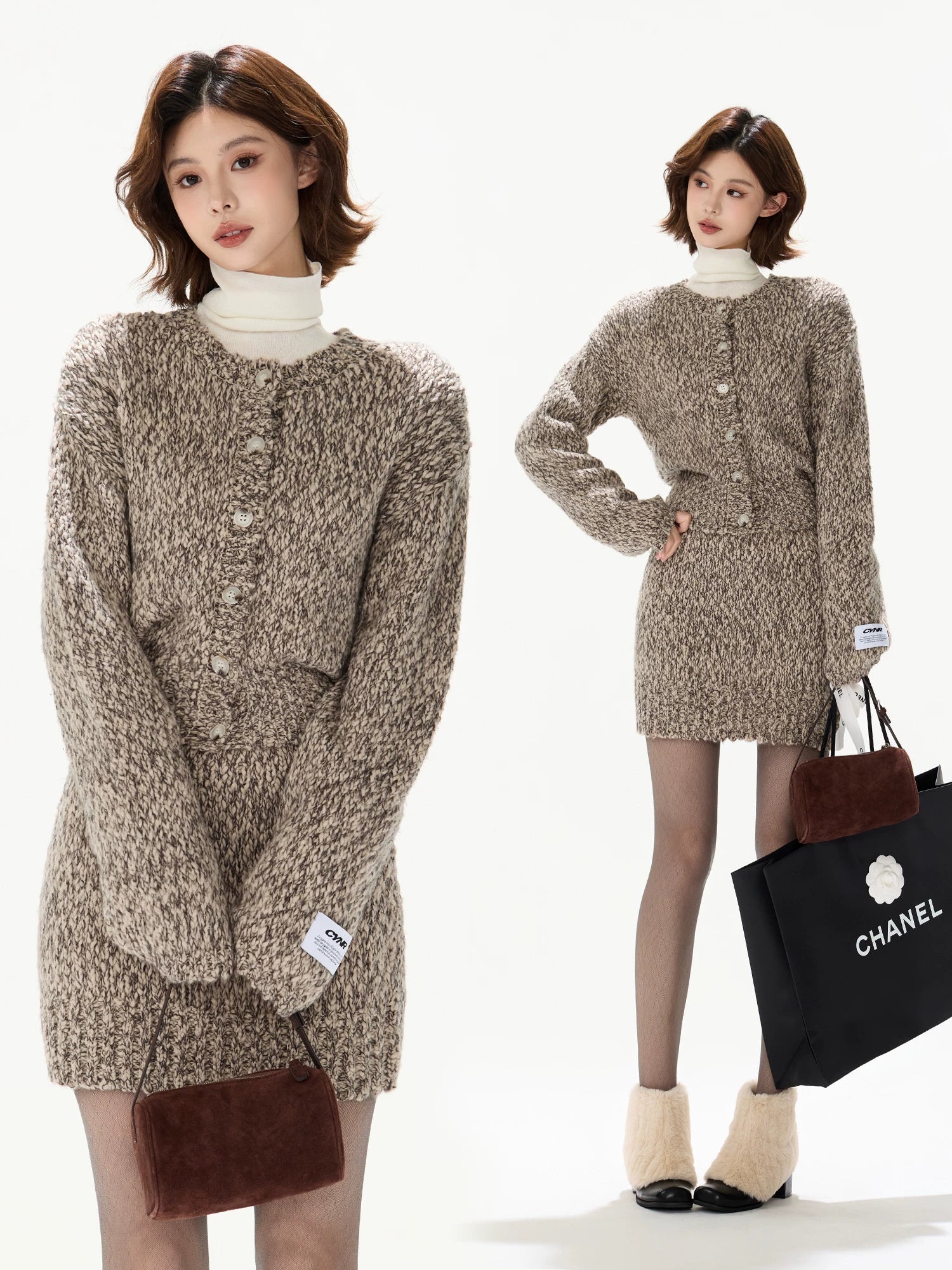 Wool Knit Cardigan & Mini Skirt Set