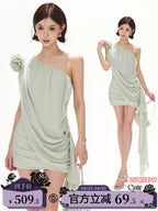 Asymmetric One-Shoulder Floral Chiffon Mini Dress with Draped Ties