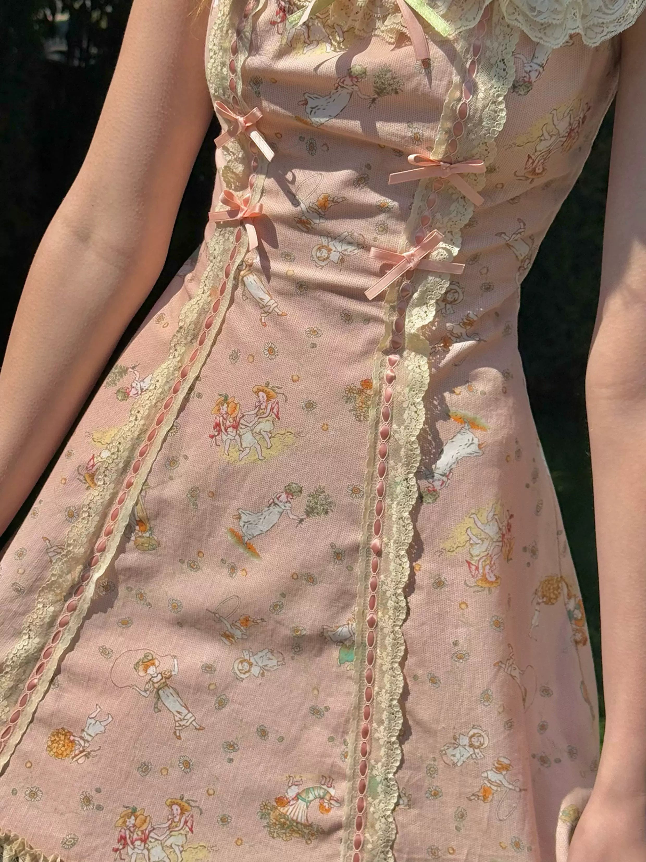 Vintage Pastoral Printed Lace Slip Dress