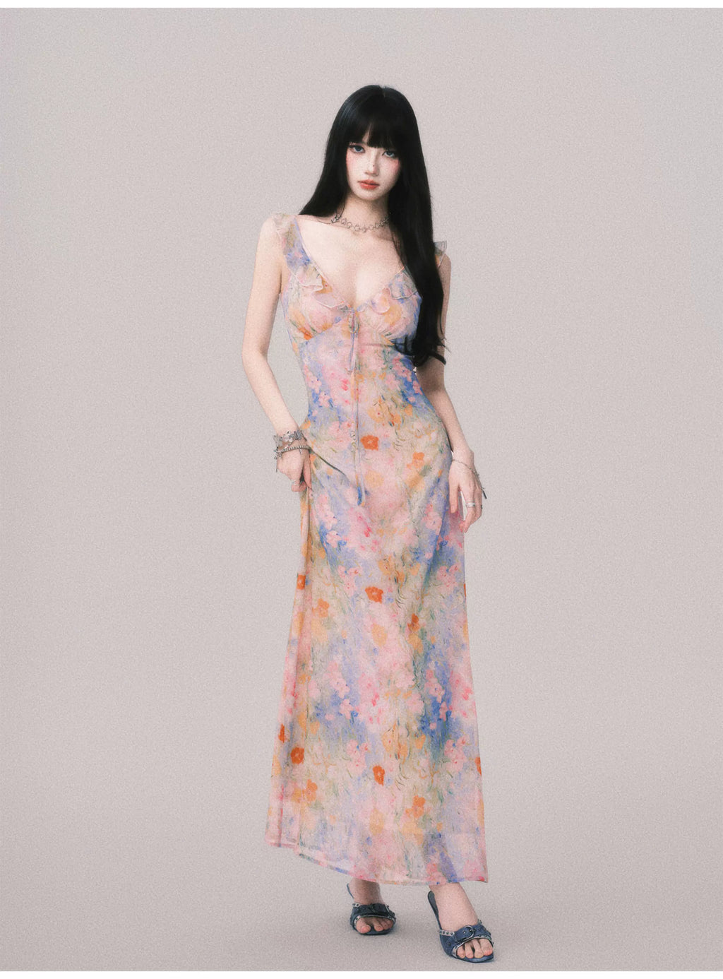 Floral V-Neck French Slip Maxi Dress