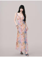 Floral V-Neck French Slip Maxi Dress