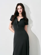 Half-Placket Polo Collar Knit Maxi Dress