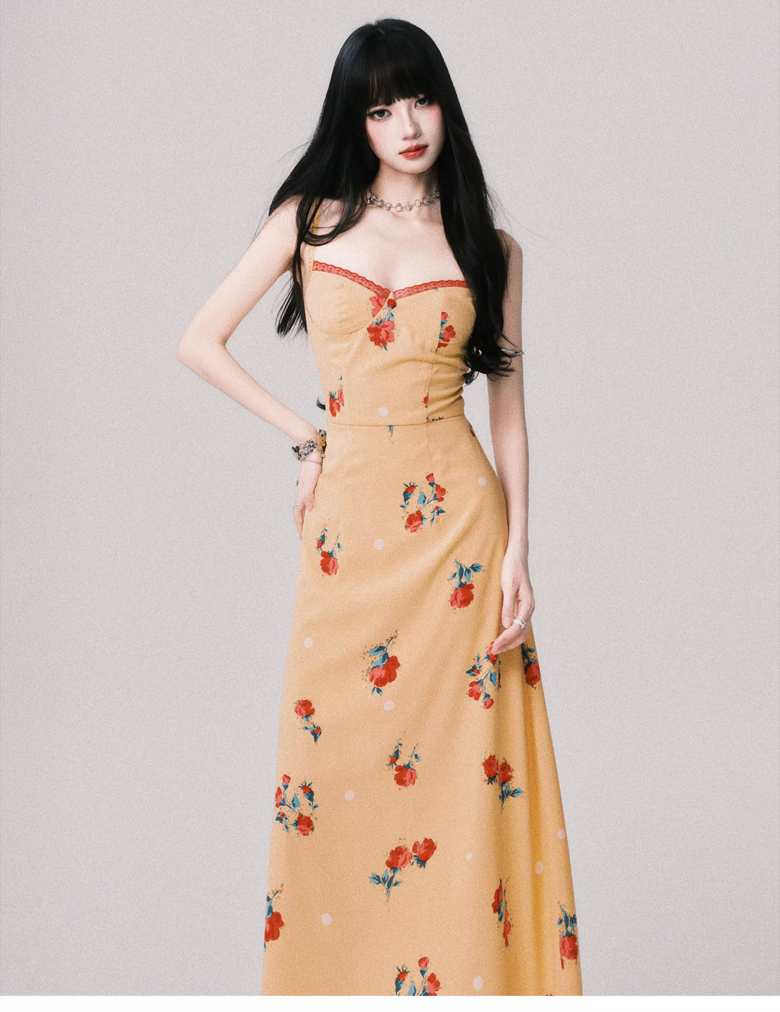 French V-Neck Floral Slip Maxi Dress