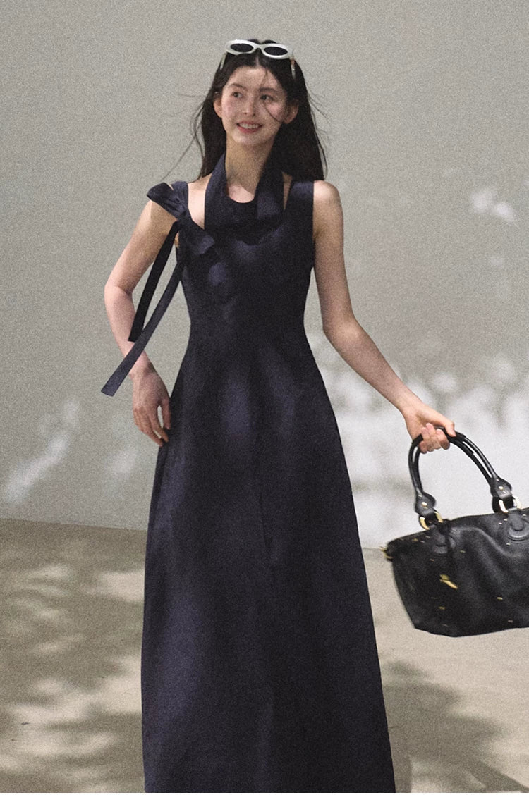 Halterneck Cotton Cinched-Waist Maxi Dress