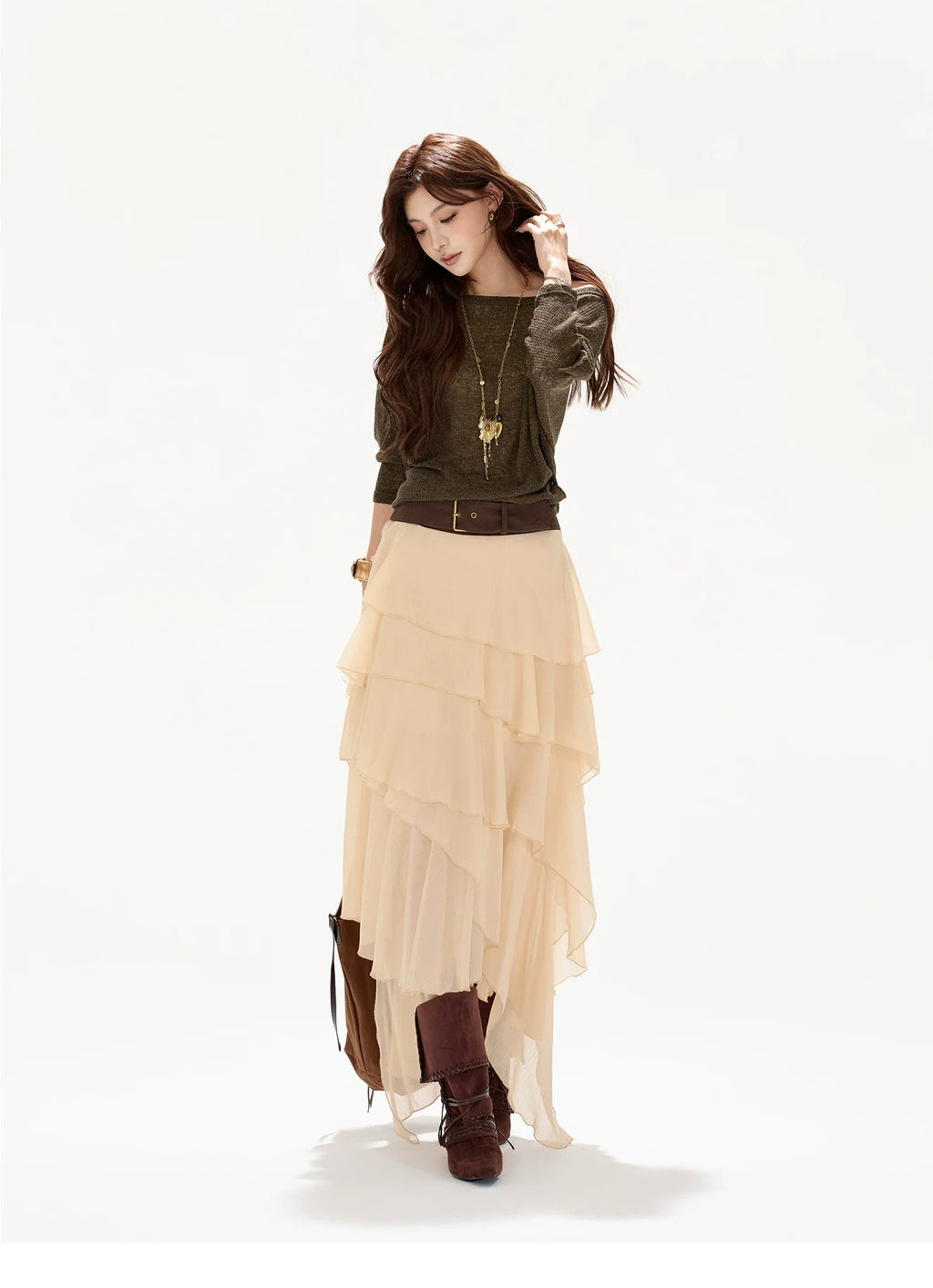Faux-Belt Tiered Chiffon Maxi Skirt