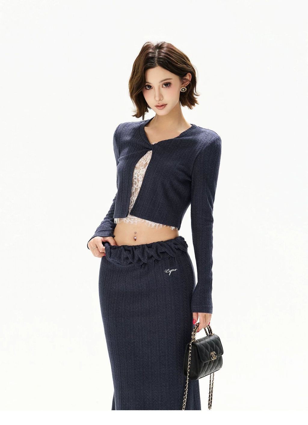 Navy Lace Panel Two-Piece Knit Set