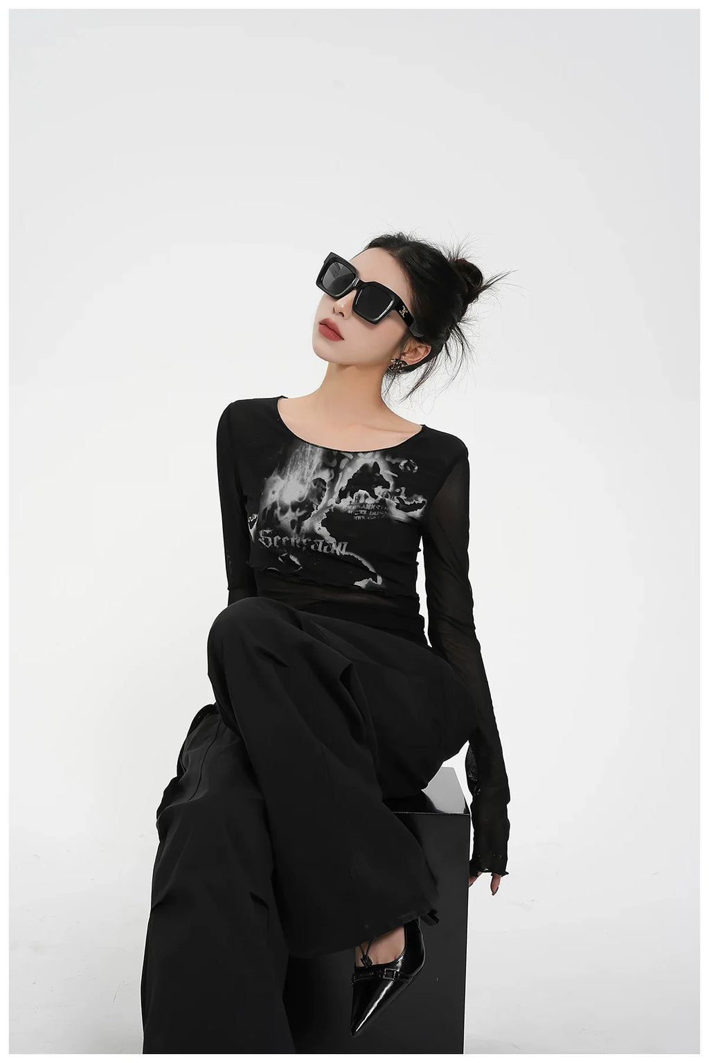 Street-Style Printed Mesh Long-Sleeve T-Shirt