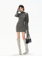 Minimalist Draped Turtleneck Knit Mini Dress with Tassel Ties